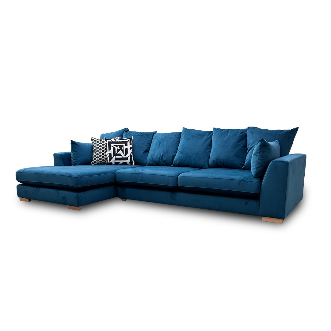 'Plush' Teal Sensual Velvet Pillow Back Left Hand Facing Large Open End Chaise Sofa