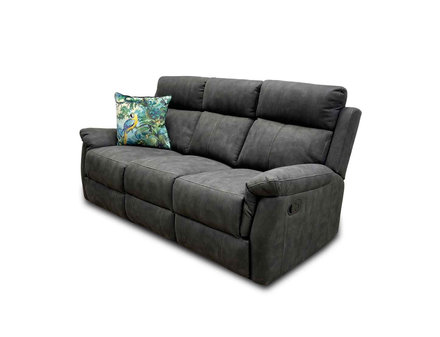 Gray sofa with a decorative pillow on a white background