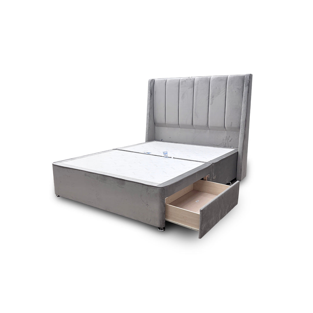 'Sleepeezee' Plush Light Grey Vail Floor Standing Headboard + 2 Draw Divan Base Bed - King