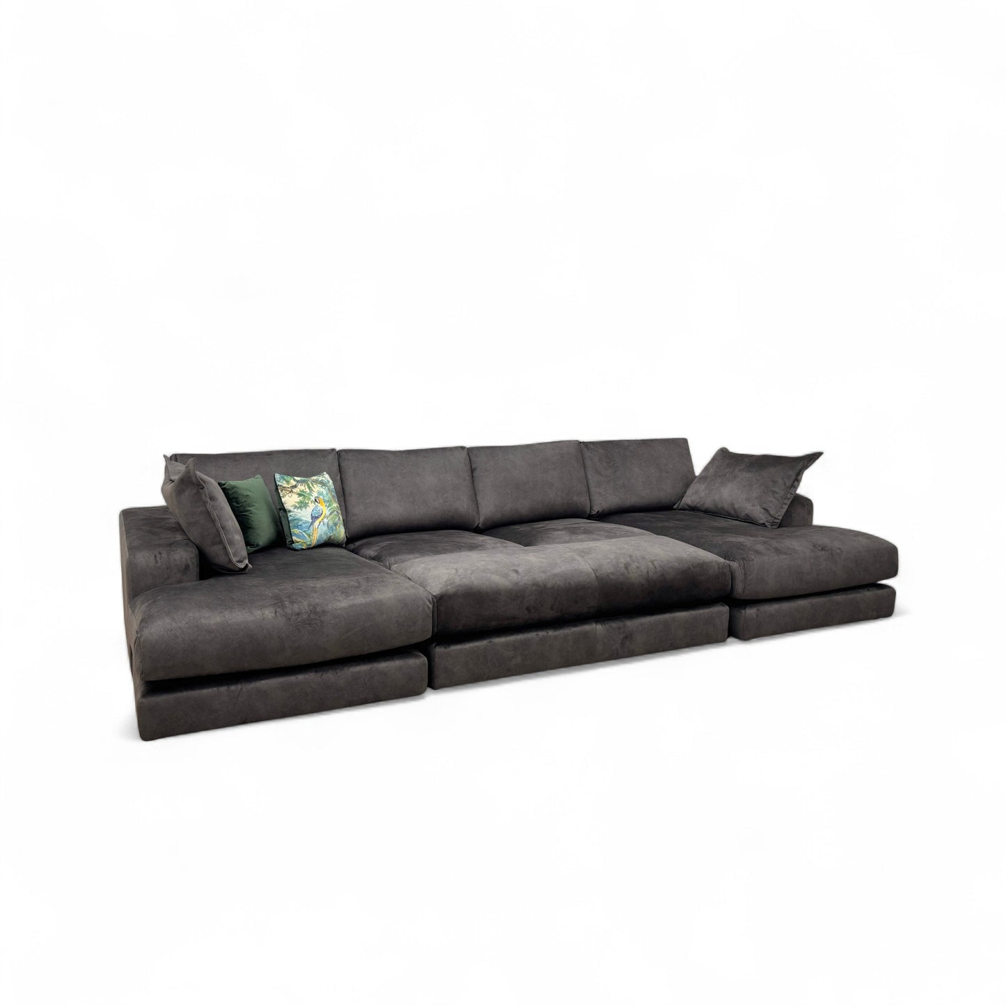 'Rest' Black Rest Velvet Large Double Chaise Sofa + Large Bench Footstool