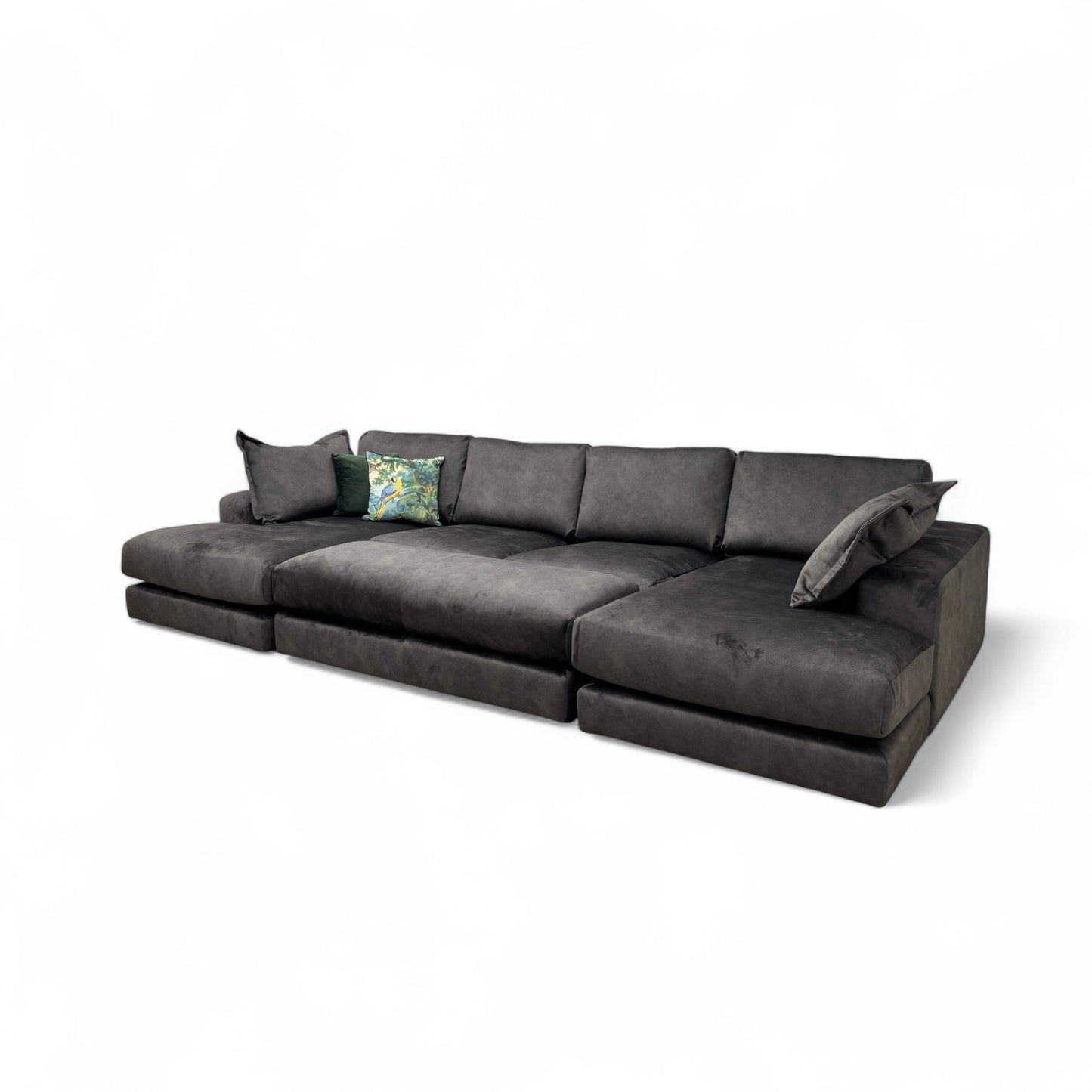 'Rest' Black Rest Velvet Large Double Chaise Sofa + Large Bench Footstool