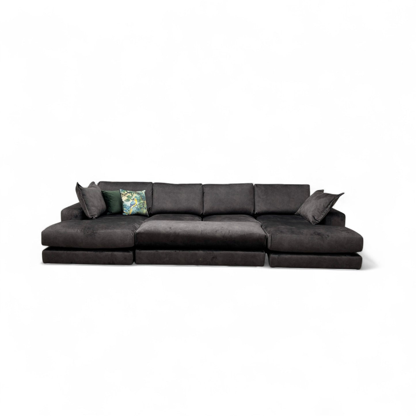 'Rest' Black Rest Velvet Large Double Chaise Sofa + Large Bench Footstool