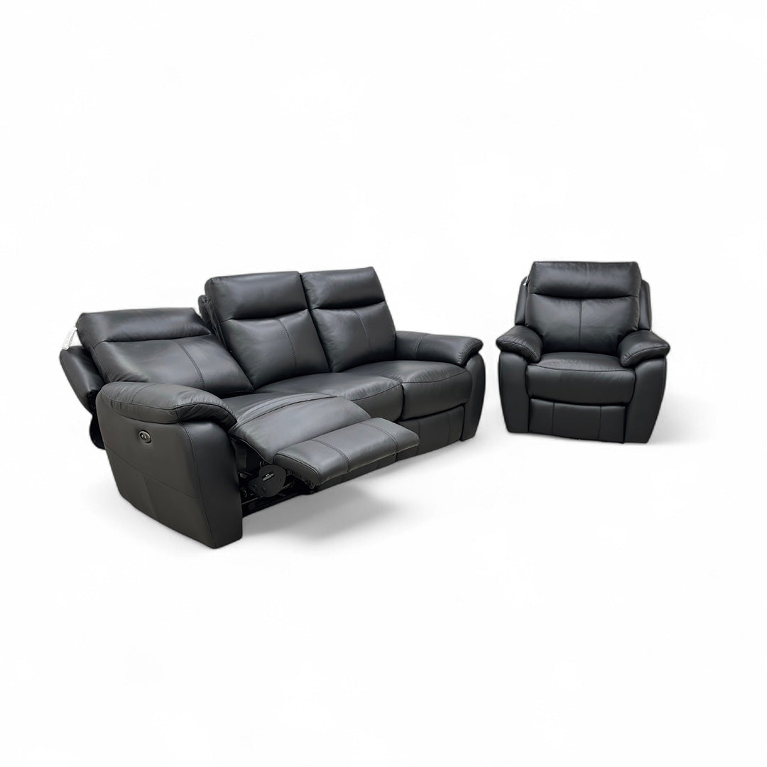 World of Leather 'Snug' Classic Black Bv-3500 3 Seater Leather Power Recliner Sofa + Power Recliner Armchair Set