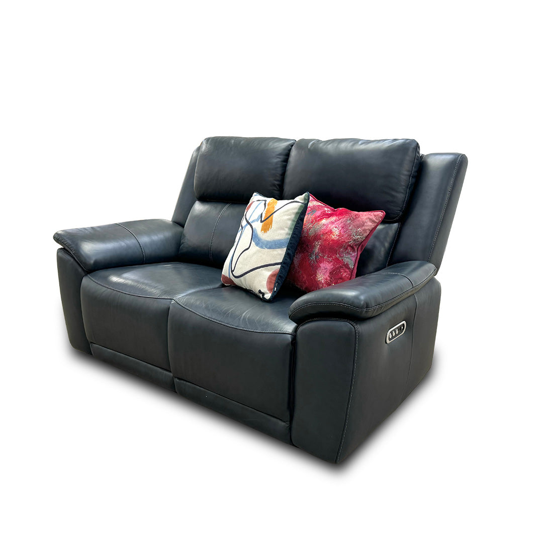 ‘Utah’ Natural Milled Navy 2 Seater Leather Power Recliner Sofa with Power Headrests and Power Lumbar