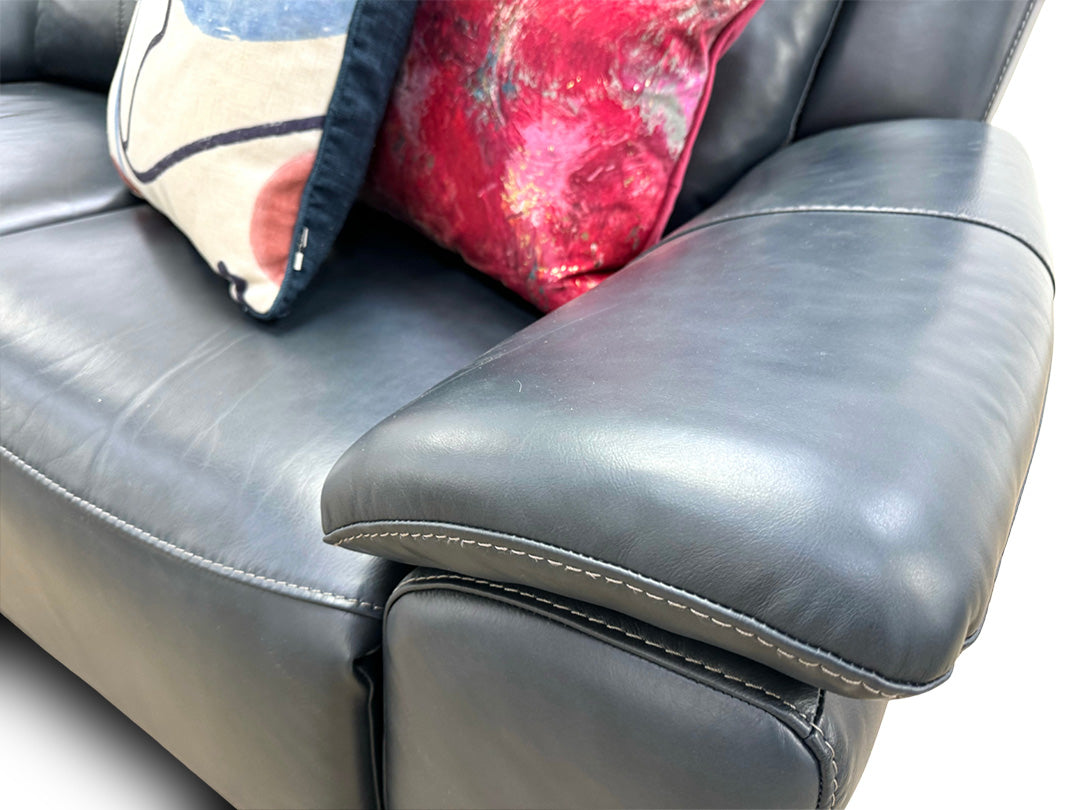 ‘Utah’ Natural Milled Navy 2 Seater Leather Power Recliner Sofa with Power Headrests and Power Lumbar