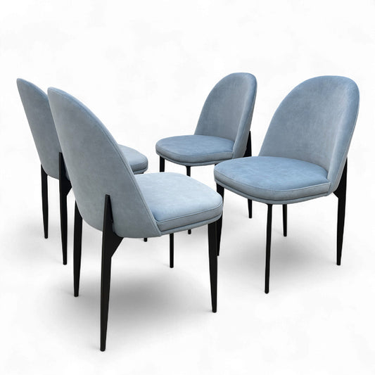 'Valent' Blue Velvet Dining Chair - Set of 4, group product photo on a white background showing all four chairs from the front and back