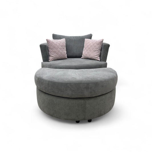 ‘Molly’ Pewter Fabric Swivel Chair + Half Moon Stool
