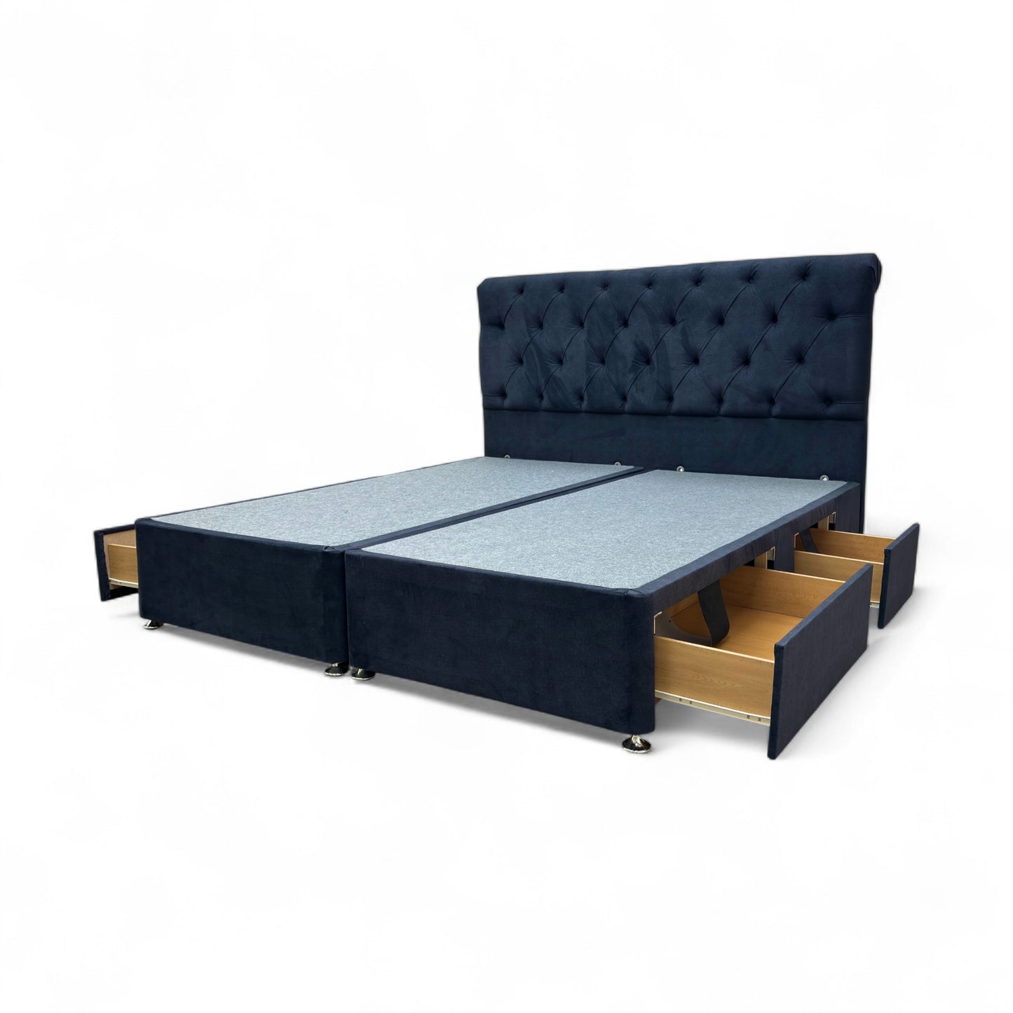 ‘Harrison’ Navy Blue Fabric 4 Draw Divan Base with Floor Standing Headboard - Super King