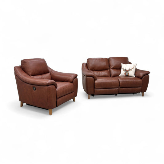‘Francis' Butterscotch Leather 2 Seater Power Recliner Sofa + Power Recliner Armchair