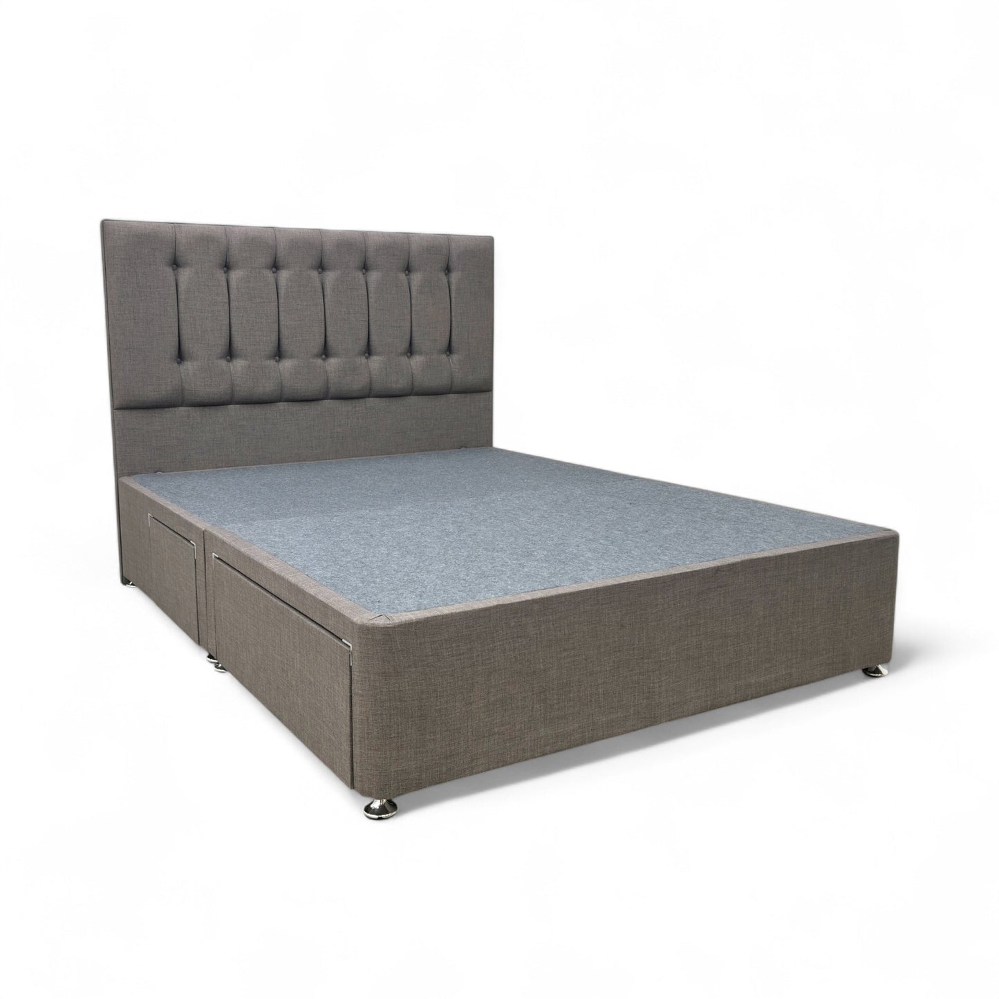 ‘Martin’ Mushroom Fabric 4 Draw Divan Base with Floor Standing Headboard - King
