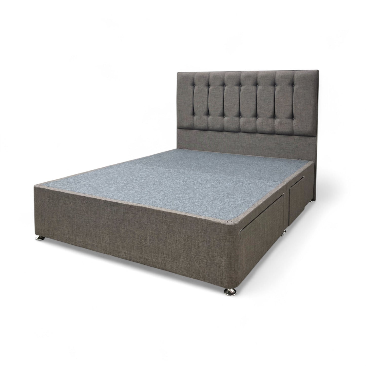 ‘Martin’ Mushroom Fabric 4 Draw Divan Base with Floor Standing Headboard - King