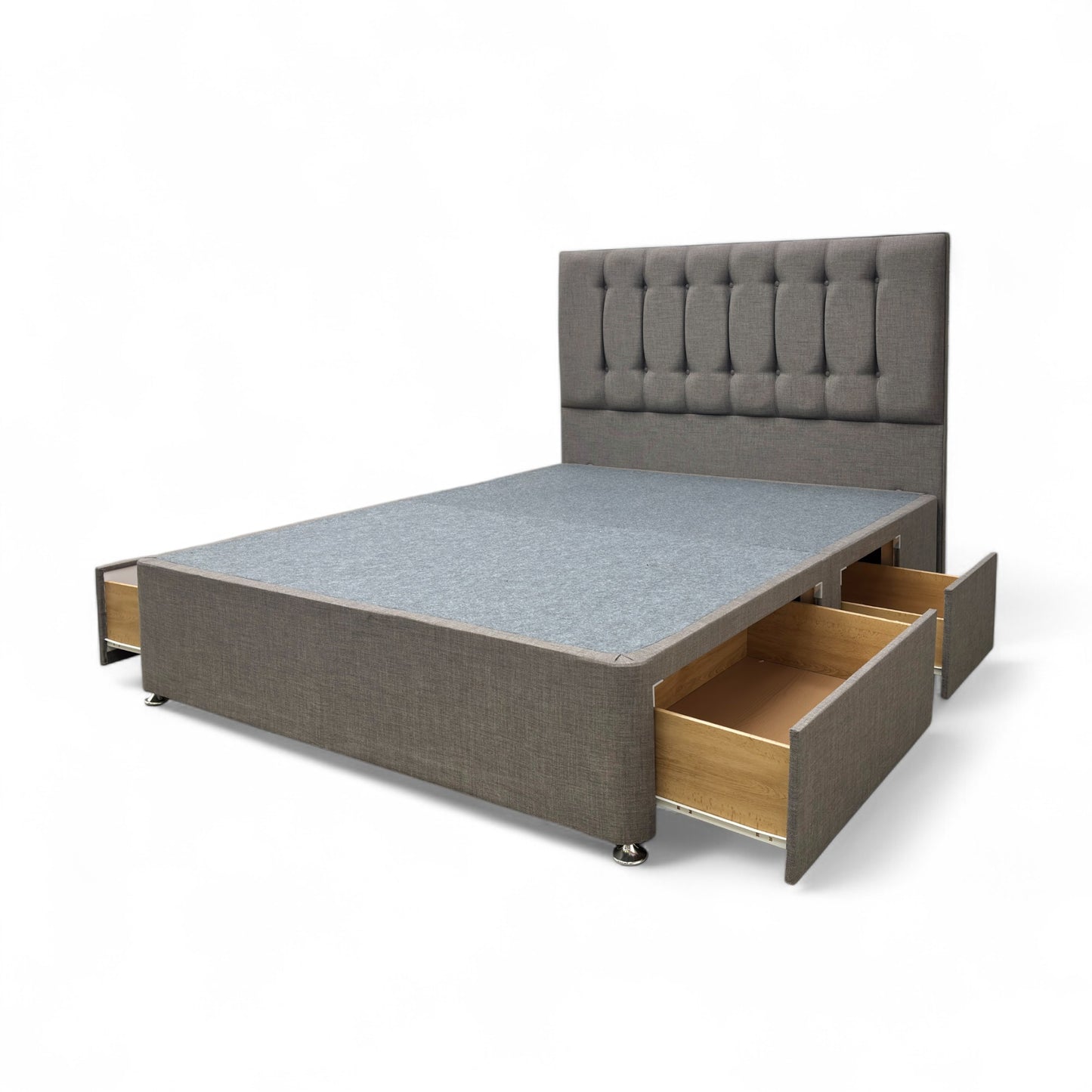 ‘Martin’ Mushroom Fabric 4 Draw Divan Base with Floor Standing Headboard - King