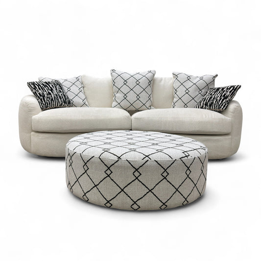 ‘Bow' Ecru Ivory Boucle 4 Seater Sofa + Pattern Ivory Boucle Footstool