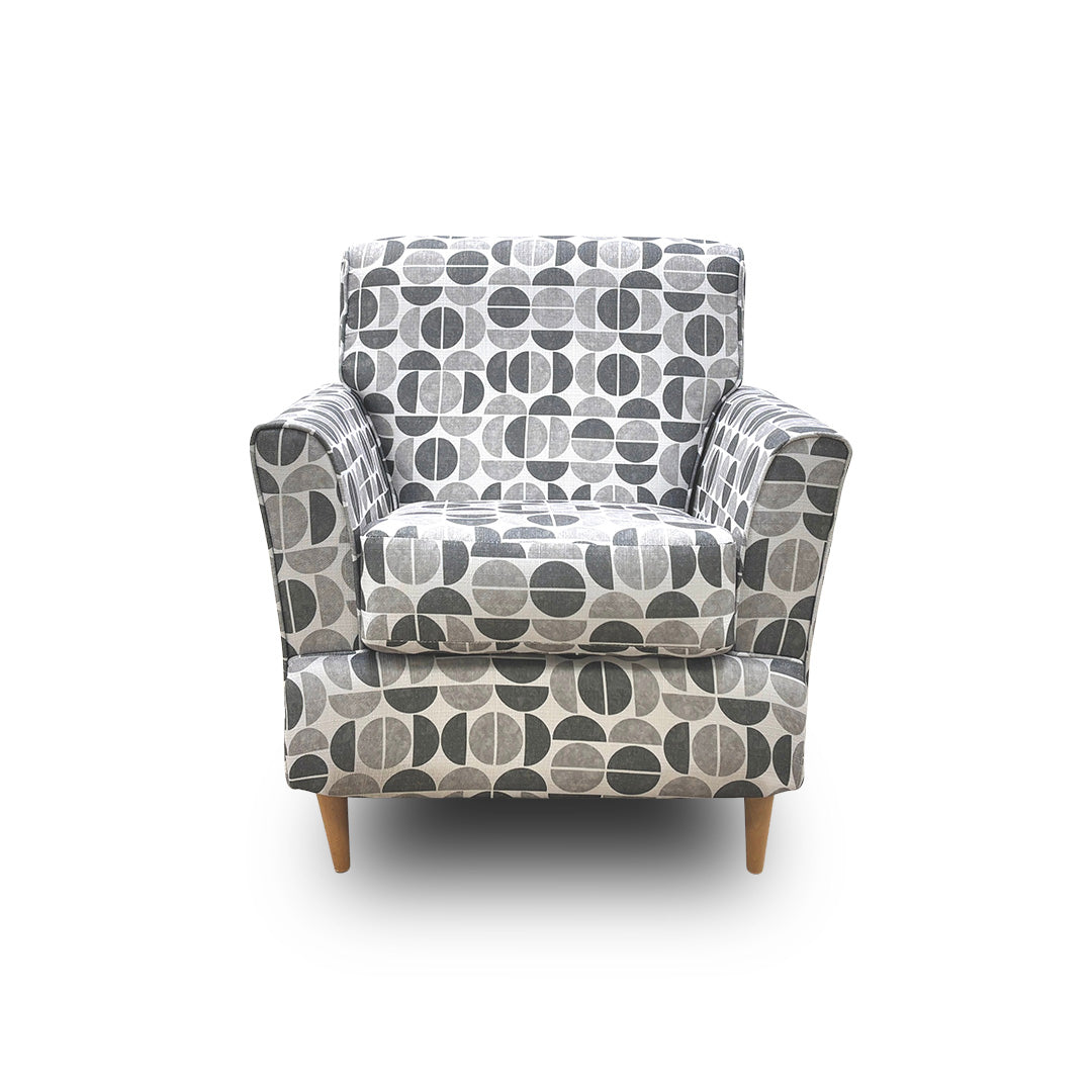 ‘Tenby’ Light Greyscale Half Moon Patterned Fabric Armchair