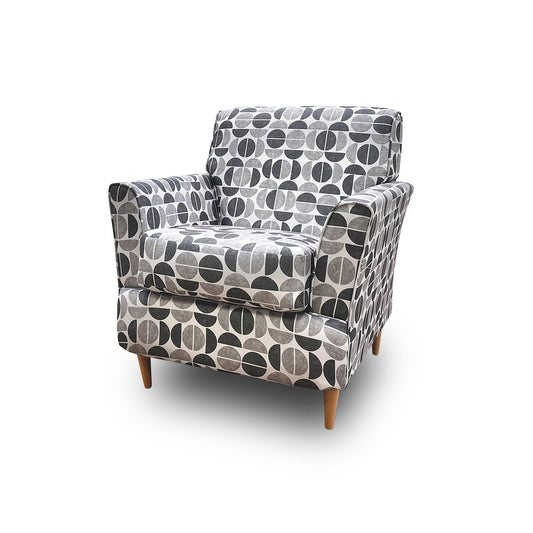 ‘Tenby’ Light Greyscale Half Moon Patterned Fabric Armchair