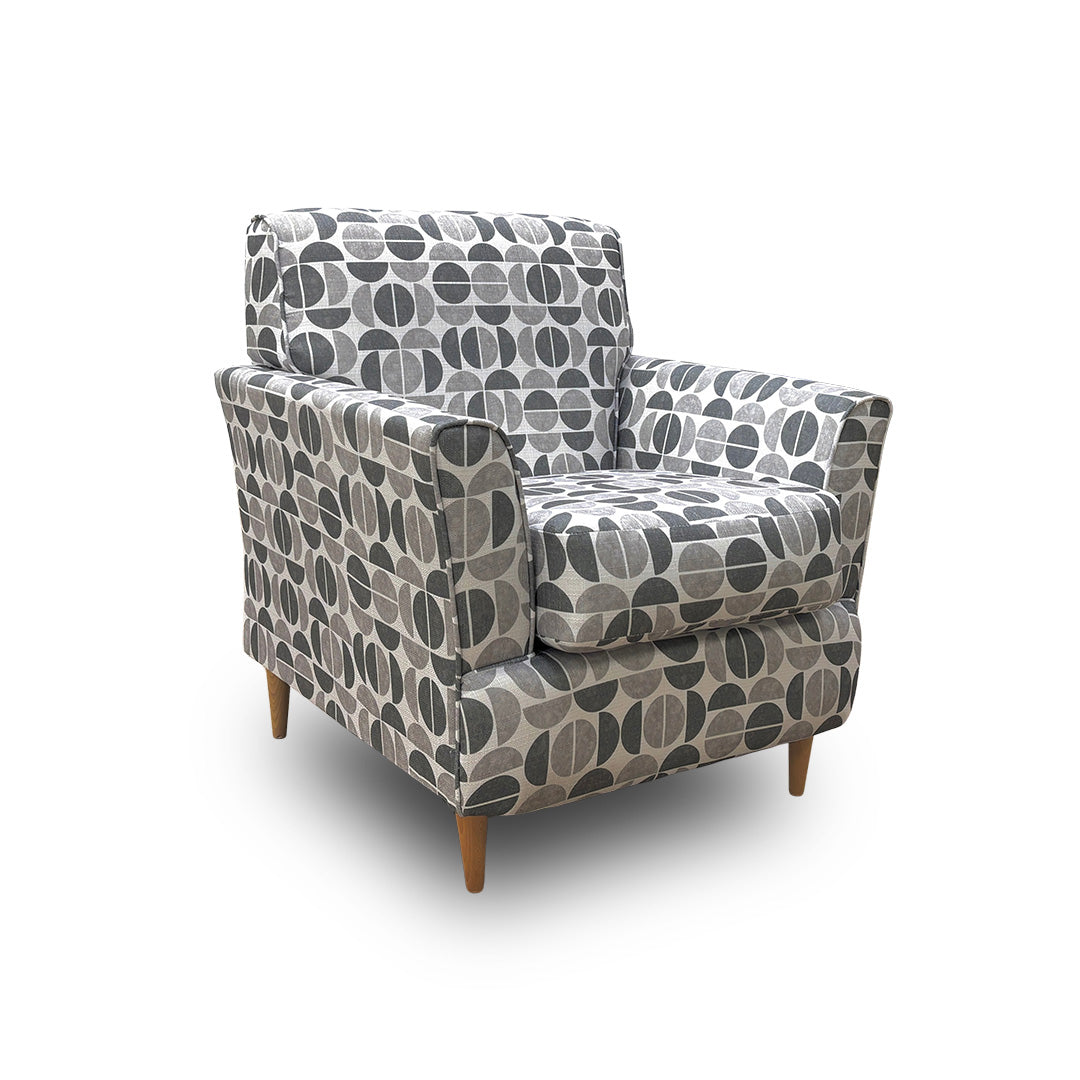 ‘Tenby’ Light Greyscale Half Moon Patterned Fabric Armchair