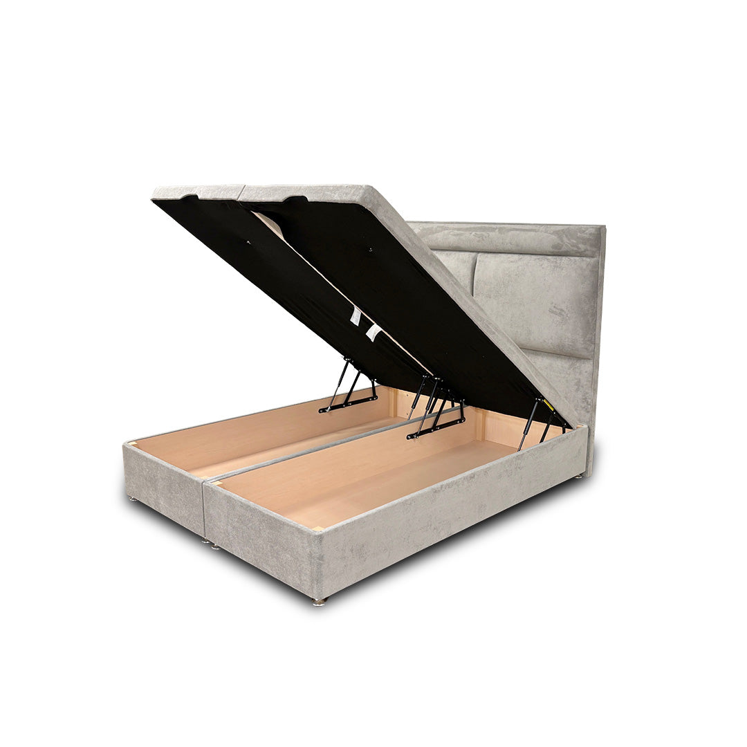 ‘Milan' Nickel Fabric Floor Standing Headboard + Double Ottoman End Lift Base - King