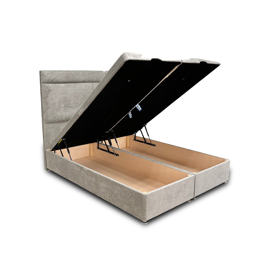 ‘Milan' Nickel Fabric Floor Standing Headboard + Double Ottoman End Lift Base - King