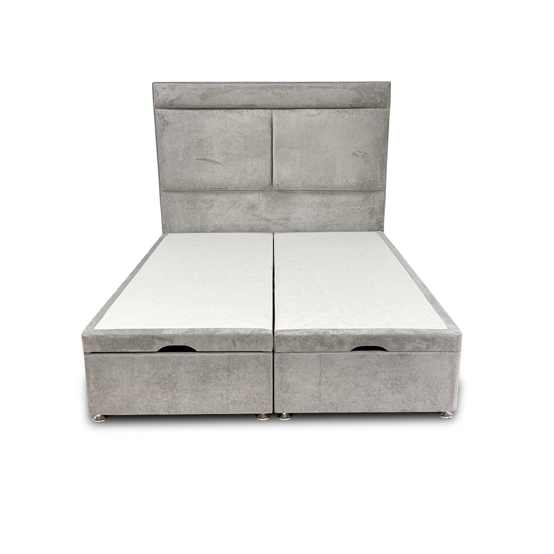 ‘Milan' Nickel Fabric Floor Standing Headboard + Double Ottoman End Lift Base - King