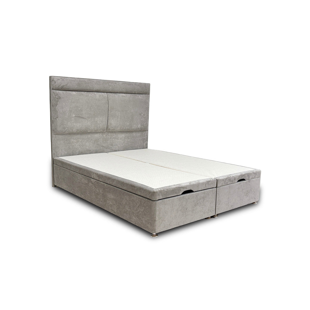 ‘Milan' Nickel Fabric Floor Standing Headboard + Double Ottoman End Lift Base - King