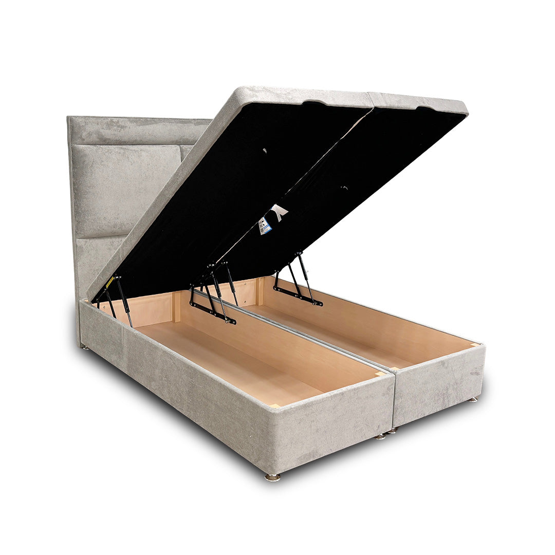 ‘Milan' Nickel Fabric Floor Standing Headboard + Double Ottoman End Lift Base - Double
