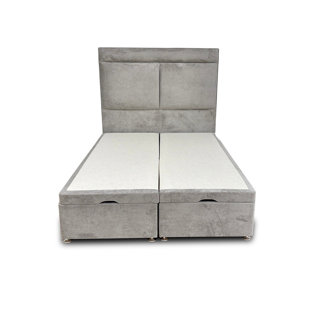‘Milan' Nickel Fabric Floor Standing Headboard + Double Ottoman End Lift Base - Double