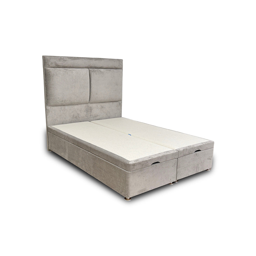 ‘Milan' Nickel Fabric Floor Standing Headboard + Double Ottoman End Lift Base - Double
