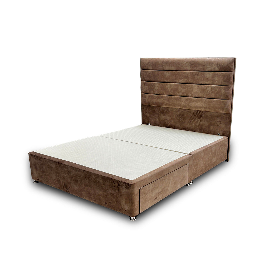 ‘Artemis’ Caramel Velvet Floor Standing Headboard + Base with 2 Drawers - King