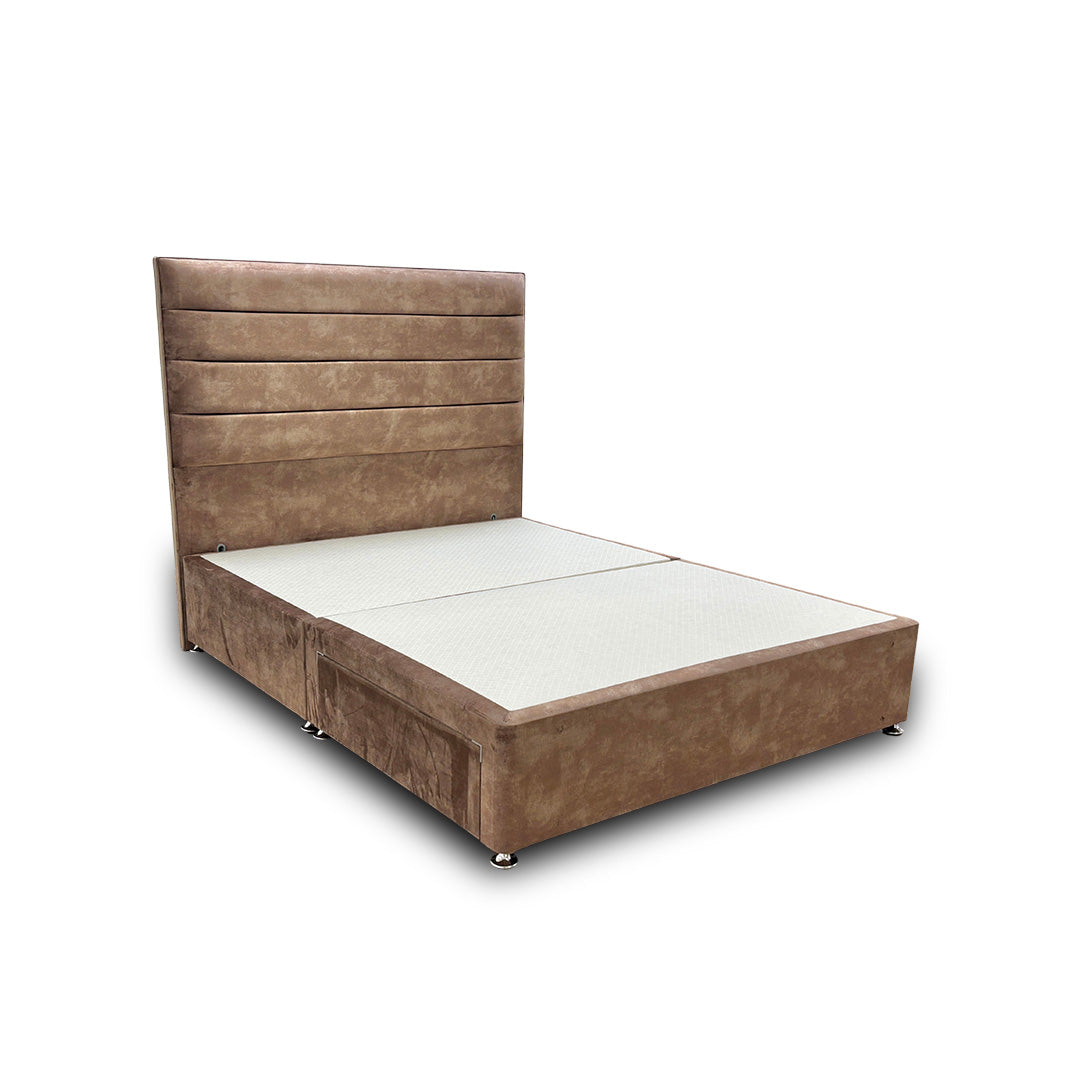 ‘Artemis’ Caramel Velvet Floor Standing Headboard + Base with 2 Drawers - King
