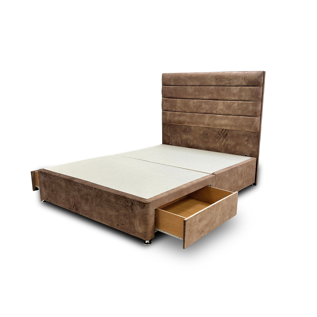 ‘Artemis’ Caramel Velvet Floor Standing Headboard + Base with 2 Drawers - King