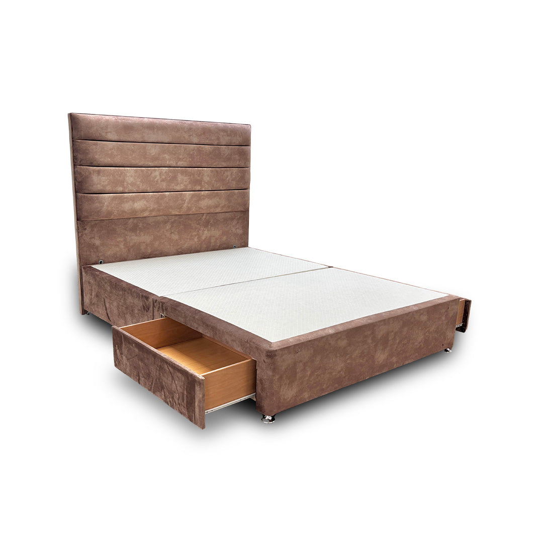 ‘Artemis’ Caramel Velvet Floor Standing Headboard + Base with 2 Drawers - King
