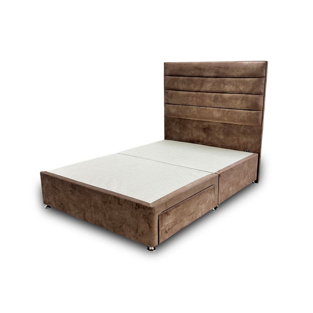 ‘Artemis’ Caramel Velvet Floor Standing Headboard + Base with 2 Drawers - Double