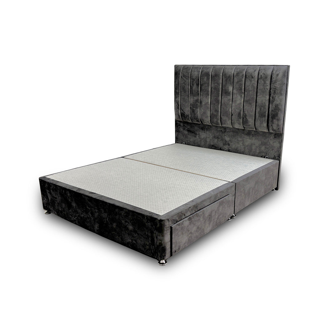 'Kudos’ Domino Grey Velvet Floor Standing Headboard + Base with 2 Drawers - King