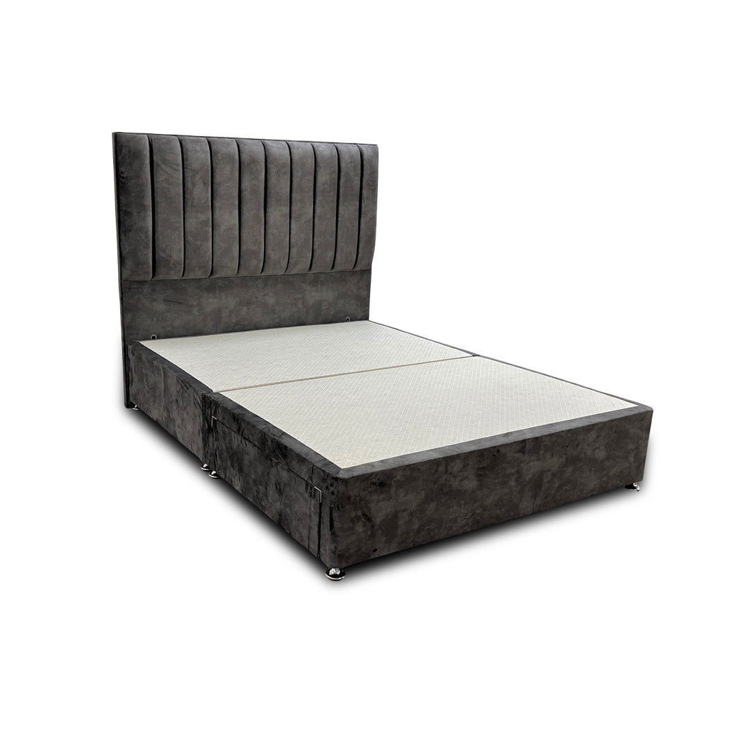 'Kudos’ Domino Grey Velvet Floor Standing Headboard + Base with 2 Drawers - King