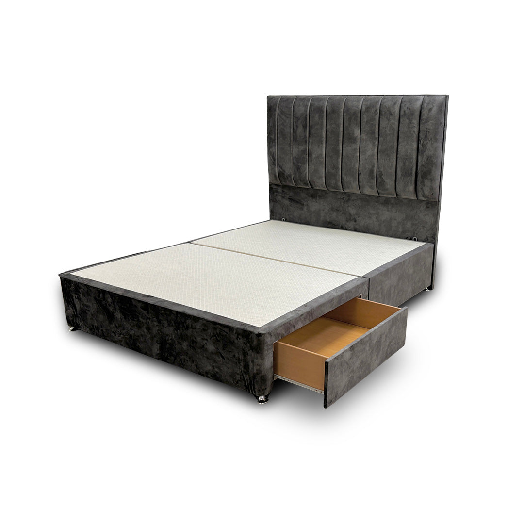 'Kudos’ Domino Grey Velvet Floor Standing Headboard + Base with 2 Drawers - King