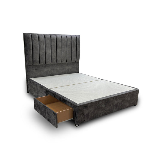 'Kudos’ Domino Grey Velvet Floor Standing Headboard + Base with 2 Drawers - King