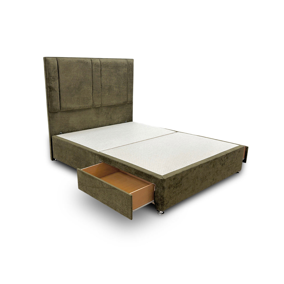 ‘Pegasus’ Khaki Velvet Floor Standing Headboard + Base with 2 Drawers - King