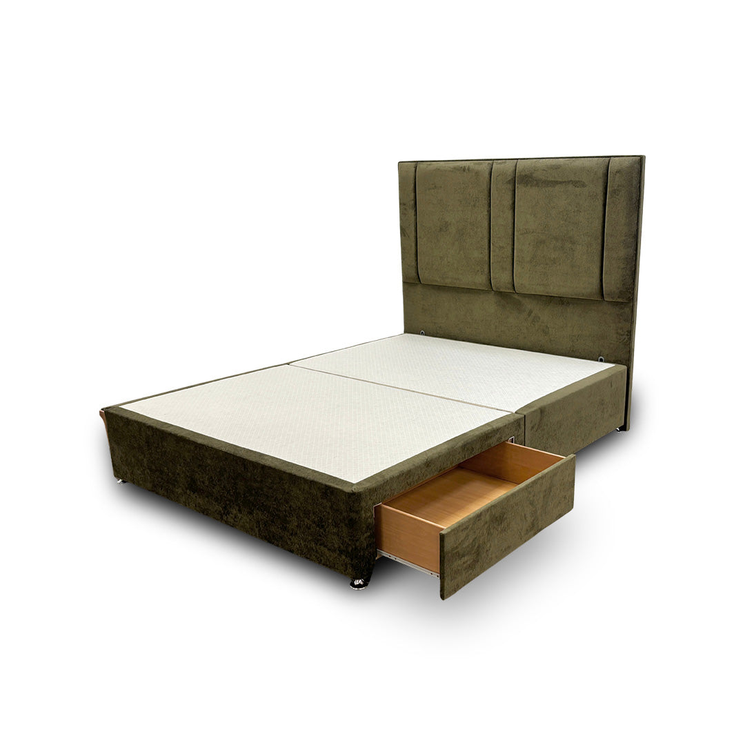 ‘Pegasus’ Khaki Velvet Floor Standing Headboard + Base with 2 Drawers - King
