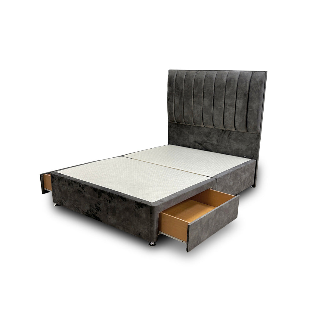'Kudos’ Domino Grey Velvet Floor Standing Headboard + Base with 2 Drawers - Double