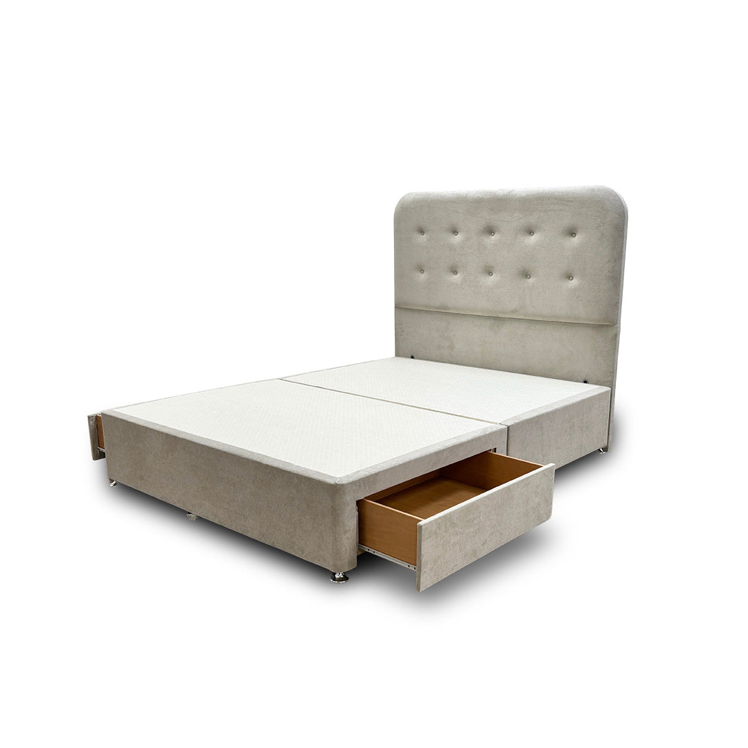 ‘Langley’ Stone Fabric Floor Standing Headboard + Base with 2 Drawers - King