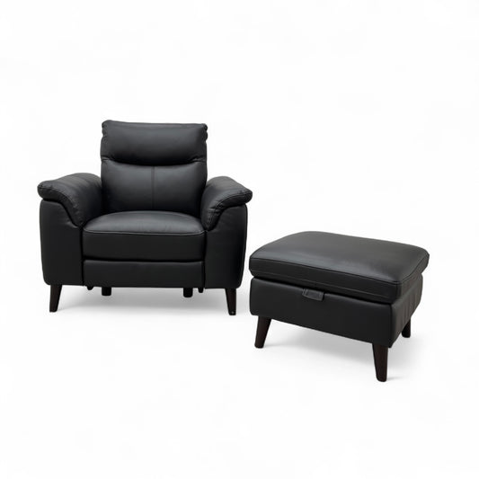 ‘Morgan' Oslo Cat-40:23 Jet Black Leather Power Recliner Armchair + Storage Footstool