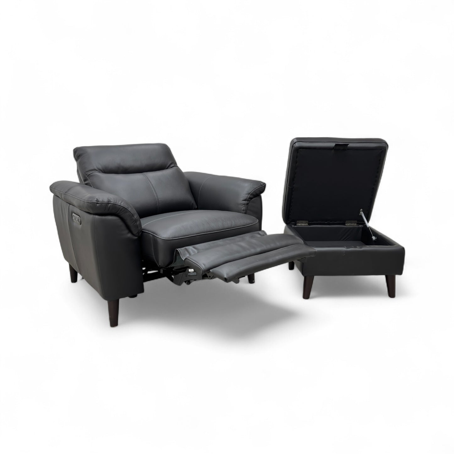 ‘Morgan' Oslo Cat-40:23 Jet Black Leather Power Recliner Armchair + Storage Footstool
