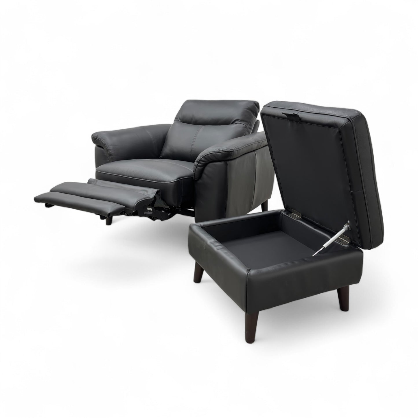 ‘Morgan' Oslo Cat-40:23 Jet Black Leather Power Recliner Armchair + Storage Footstool