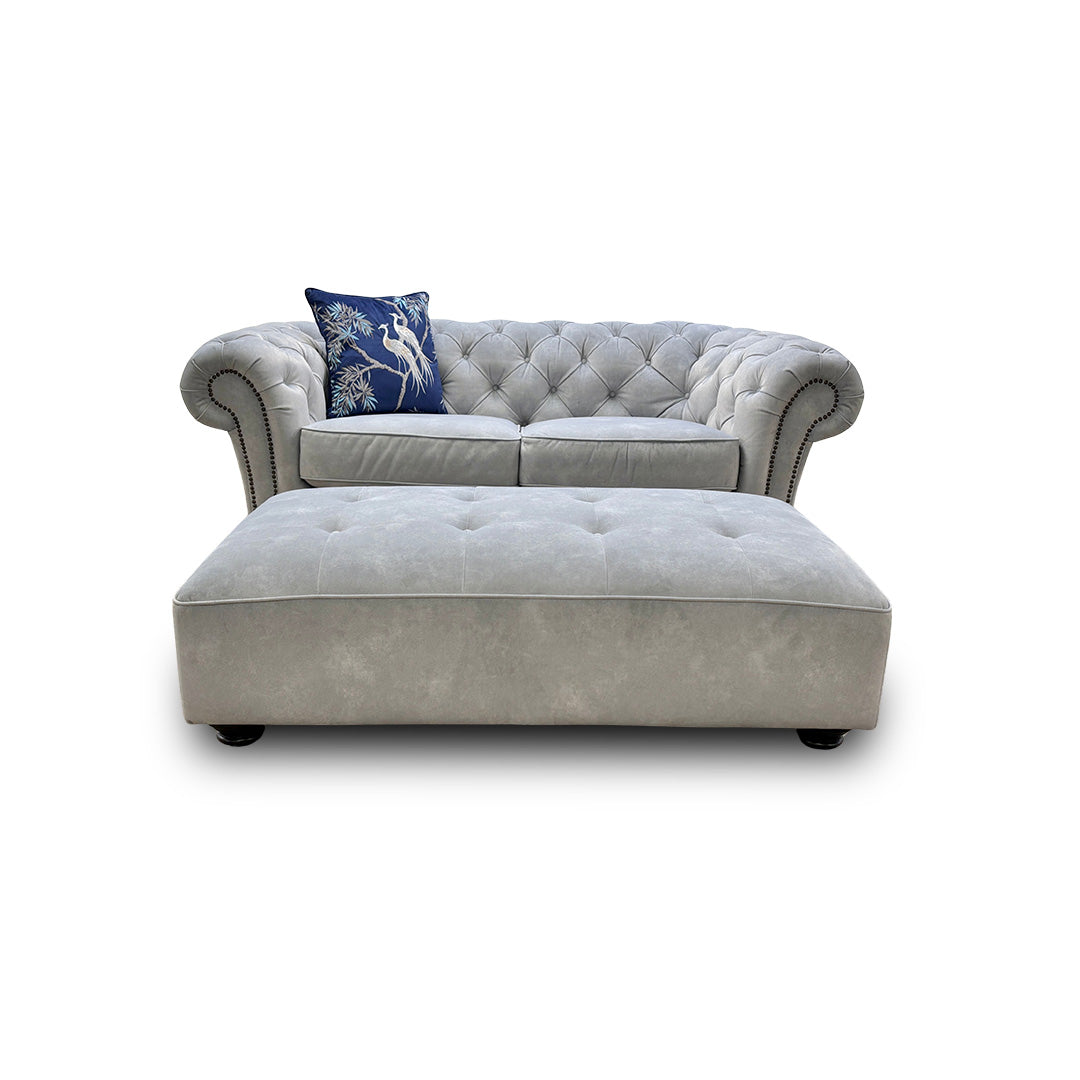 'Savannah' Smoke Dexter Velvet Chesterfield 2 Seater Sofa + Footstool