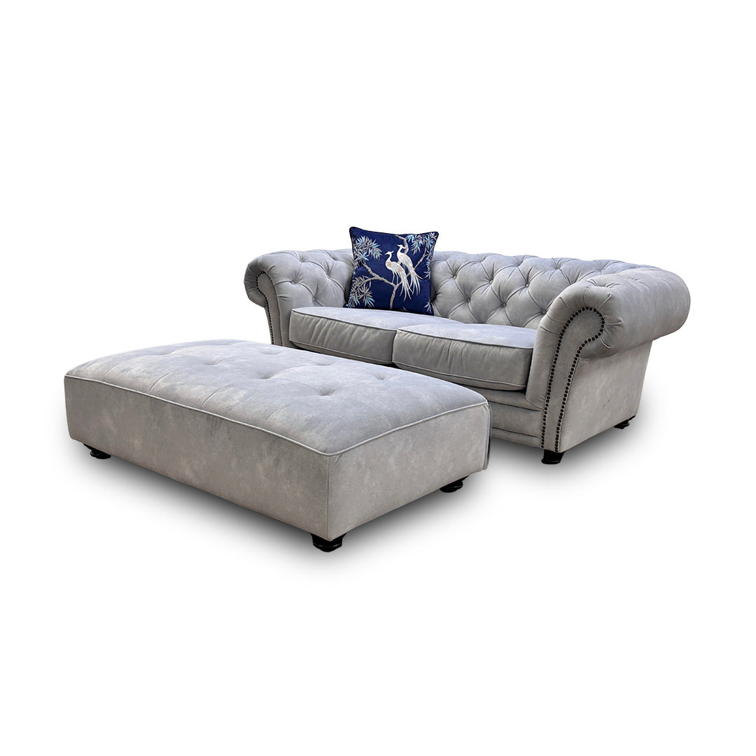 'Savannah' Smoke Dexter Velvet Chesterfield 2 Seater Sofa + Footstool