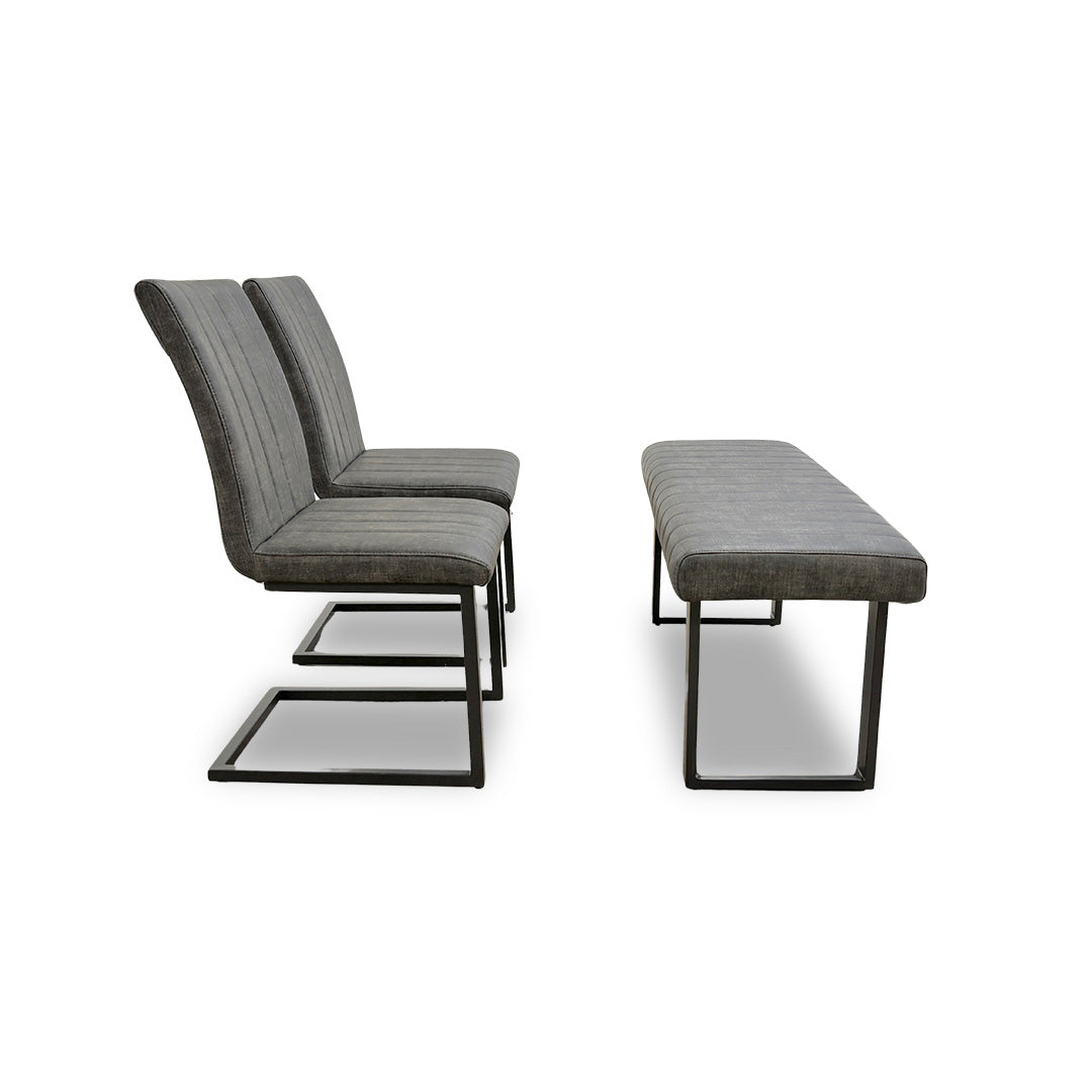 ‘Brooklyn' Grey Upholstered Low Bench + 2 Dining Chairs