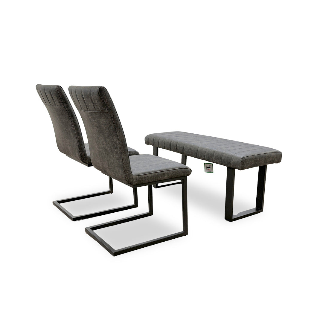 ‘Brooklyn' Grey Upholstered Low Bench + 2 Dining Chairs