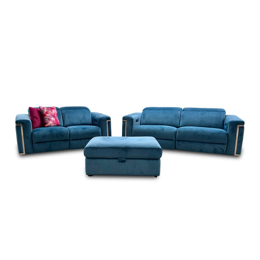 'Cora' Teal Velvet 3 + 2 Seater Power Recliner Sofas with Power Headrests + Storage Footstool