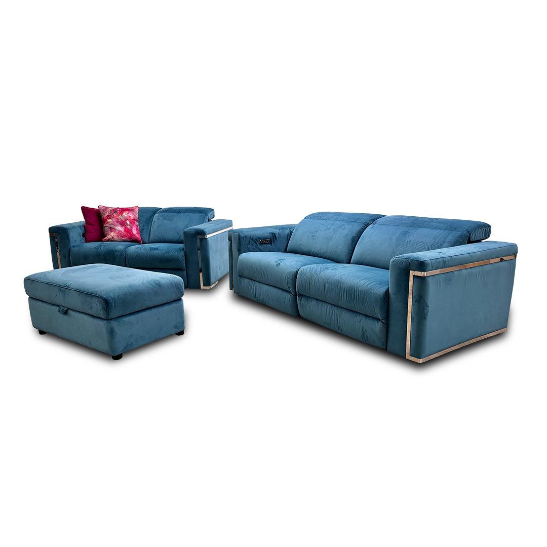 'Cora' Teal Velvet 3 + 2 Seater Power Recliner Sofas with Power Headrests + Storage Footstool