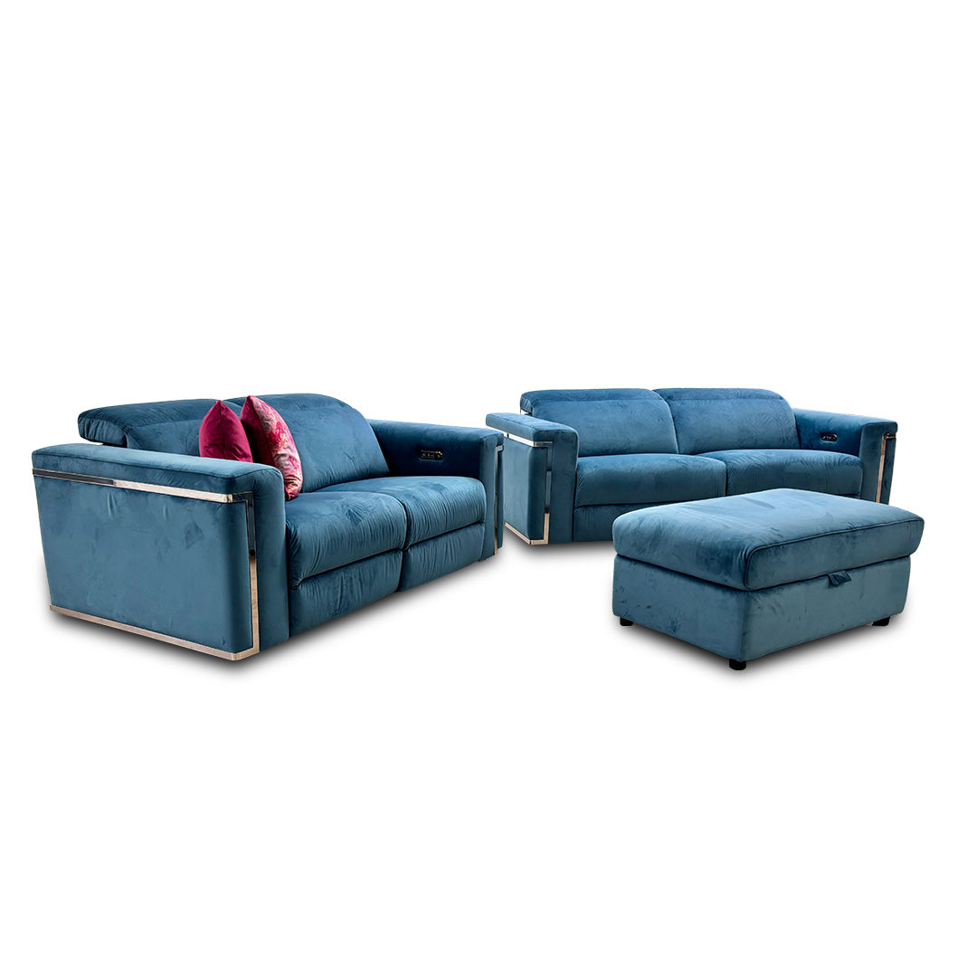 'Cora' Teal Velvet 3 + 2 Seater Power Recliner Sofas with Power Headrests + Storage Footstool